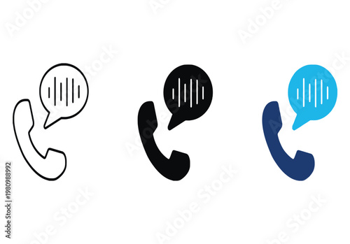 Phone call icon set three variations in black white and blue