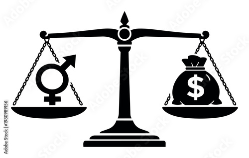 Balance scale showing the gender pay gap concept, a male and female symbol weighing less than a large money bag