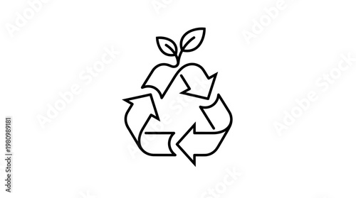 Black and White Line Art Recycling Symbol with Growing Plant - Eco-friendly and Sustainability Icon