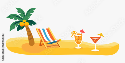 Beach lounge chair under palm tree with tropical cocktails on sand. Summer vacation relaxation scene. Tropical island resort concept for holiday travel and leisure banner illustration.