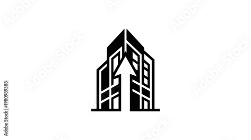 Black  White Glyph Logo of a Modern Building with Upward Arrow, Finance  Real Estate