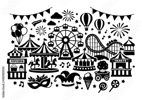 Amusement park flat silhouettes creating a carnival fairground with rides, food, and entertainment