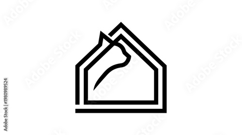 Black and white line art logo of a cat silhouette inside a house outline, pet care and housing concept