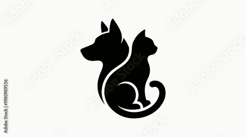 Black Silhouette Dog and Cat Sitting Together - Pet Logo, Animal Icon, Friendship Symbol, Vector Art