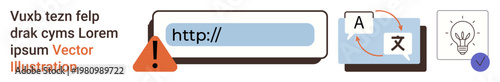 Online security, language translation, internet interface, creative ideas, digital communication, innovation. Address bar with warning icon, language translation and lightbulb icon. Online security