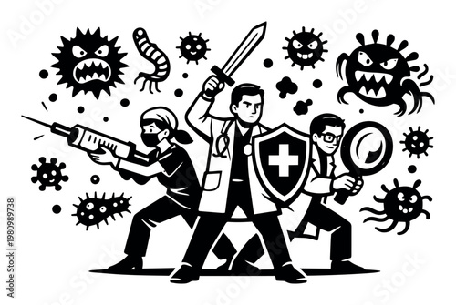 Healthcare professionals and frontline workers fighting pathogens, protecting public health, and researching treatments against illness and infection