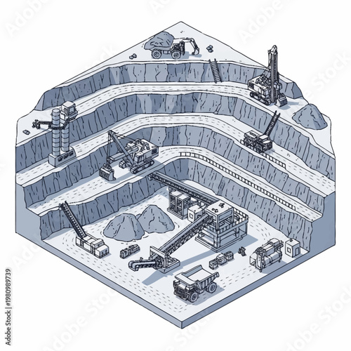 Open pit mine with heavy machinery and excavation equipment.