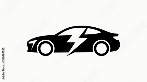 Black Silhouette of Electric Car with Lightning Bolt Symbol, Clean Vector Icon