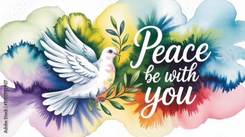 Dove Carries an Olive Branch With a Colorful Background for a Message of Peace