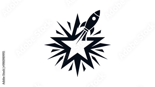 Black and White Glyph Icon of a Rocket Launching from a Starburst, Technology and Space Concept