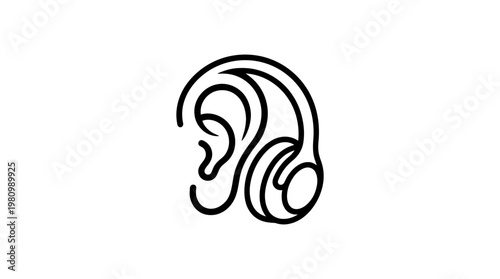 Black and White Line Art Logo of a Human Ear with Headphones, Technology Concept