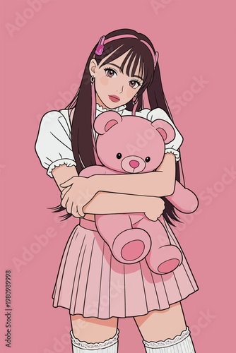 Cute Girl in Pink Outfit Holding Teddy Bear