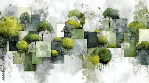 Abstract watercolor forest with stylized trees