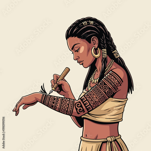 Ethnic woman with braids applying traditional tribal tattoos to her own forearm