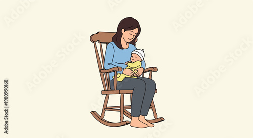Loving mother sitting in a wooden rocking chair while holding her sleeping baby