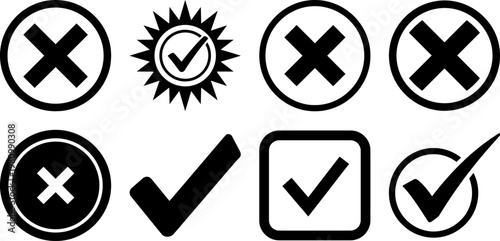 Check mark and cross icons in various shapes and designs for approval and rejection concepts