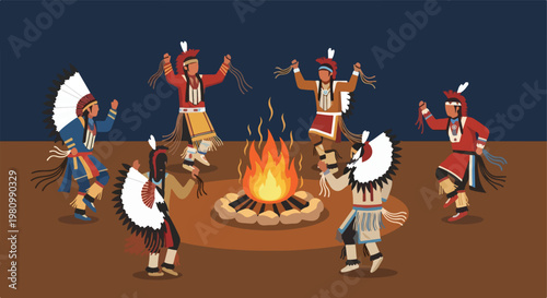 Indigenous people perform a traditional dance around a glowing tribal campfire