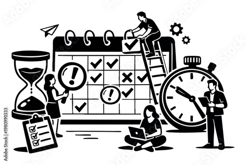 Business people working together, organizing workflow, and tracking important dates, appointments, or goals using a corporate calendar