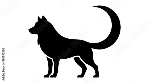 Black Silhouette of a Husky Dog with a Crescent Moon Tail