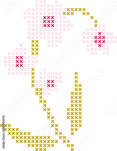 Cuadro en lienzo Colorful Cross Stitch Floral Motifs, Embroidery Style Pixel Flowers, Needlework