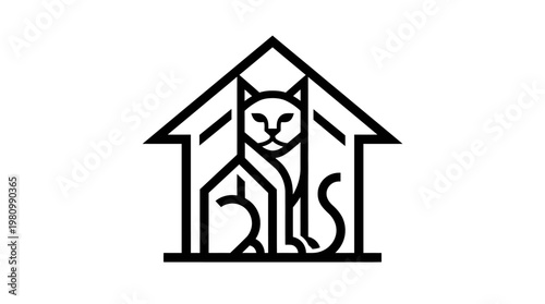 Black and White Line Art Logo of a Cat Inside a House, Pet Care Concept