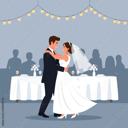 Vector illustration of a bride and groom dancing at their wedding reception gala