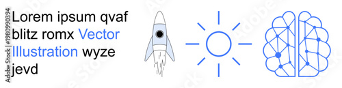 Innovation, technology, space exploration, artificial intelligence, creativity, energy. Rocket launching, sun icon abstract brain design. Innovation and technology ion with creative elements