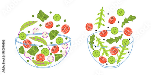 Vector set of fresh salad bowl illustration with flying leafy greens, cucumber, tomato, radish and pea. Healthy organic food duo for menu, diet, vegan and vegetarian design. Salad bowl collection.