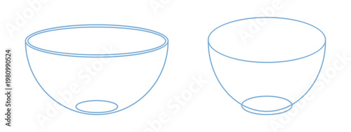 Vector set of two empty transparent glass bowl outline in blue line on white background. Simple kitchen container illustration for salad, soup, dessert and food design template.