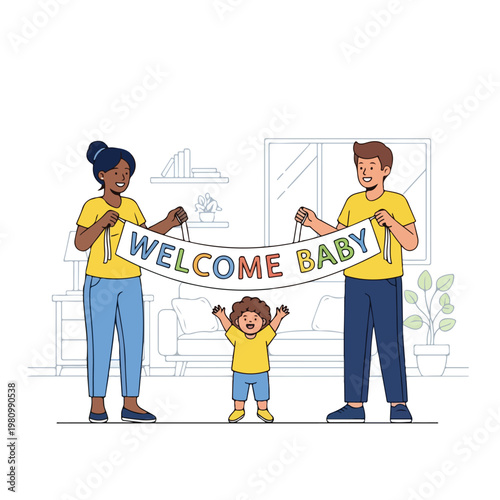 A happy biracial family holds a welcome baby banner in their modern living room