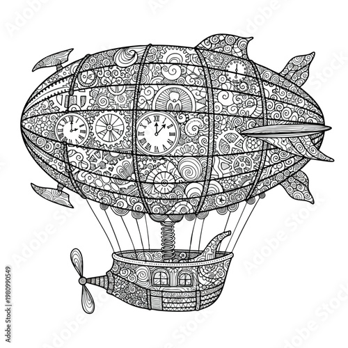 Vintage Steampunk Airship Illustration with Gears and Clocks