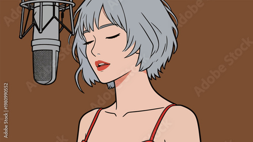 Young Woman Singing with Microphone in Studio