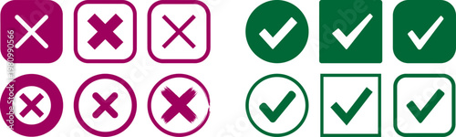 Check marks and crosses icons in different shapes and colors for approval and rejection