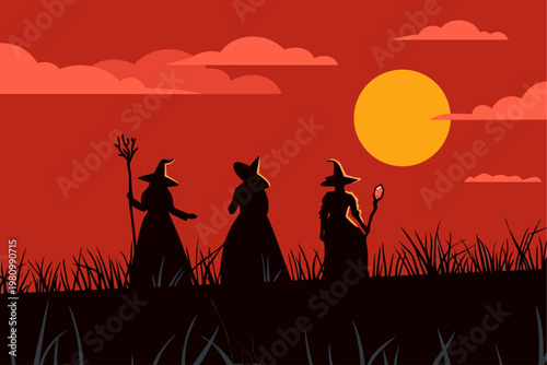 Three Witches Silhouettes at Sunset with Large Moon in Red Sky. Mystical Halloween Vector Illustration for Occult, Pagan, and Magic Branding Concepts.
