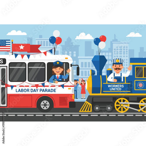 Colorful Labor Day parade scene with workers, bus, train, flags and balloons