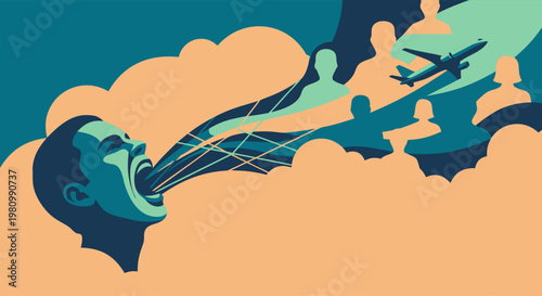 Man Screaming with People Silhouettes and Airplane Emerging from Mouth, Concept for Social Media Influence, Mass Communication, Public Speaking, and Travel Promotion Vector

