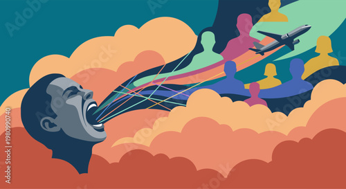 Man Screaming with People Silhouettes and Airplane Emerging from Mouth, Concept for Social Media Influence, Mass Communication, Public Speaking, and Travel Promotion Vector
