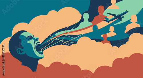 Man Screaming with People Silhouettes and Airplane Emerging from Mouth, Concept for Social Media Influence, Mass Communication, Public Speaking, and Travel Promotion Vector
