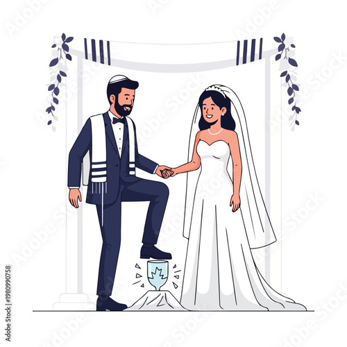 Jewish groom breaking the glass under chuppah with bride during wedding ritual