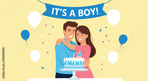 Happy couple celebrating a baby boy gender reveal with a blue cake and a banner!