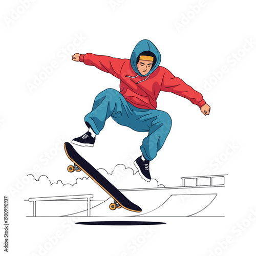 Skateboarder in red hoodie performs a high air trick at a minimalist skate park