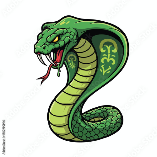 Vibrant Green Snake with detailed scales and fierce expression coiled in a dynamic pose for wildlife or nature themed design