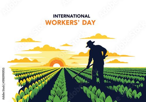 Flat style illustration of farmer working in crop field with sunrise sky, highlighting International Workers Day and Labor Day appreciation for agriculture and food production workers