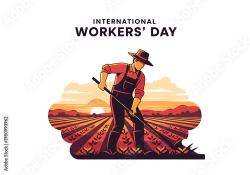 Flat style illustration of farmer working in crop field with sunrise sky, highlighting International Workers Day and Labor Day appreciation for agriculture and food production workers