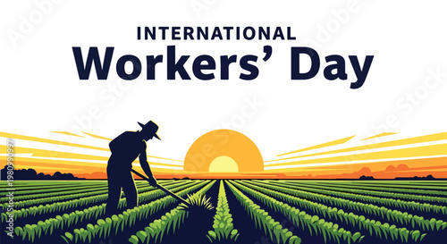 Flat style illustration of farmer working in crop field with sunrise sky, highlighting International Workers Day and Labor Day appreciation for agriculture and food production workers