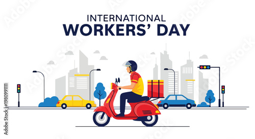 Flat style illustration of delivery worker riding scooter in urban street, celebrating Labor Day and International Workers Day for logistics, transportation, and service workers