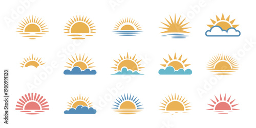 Collection of sunset and sunrise icons with clouds and water on transparent background.