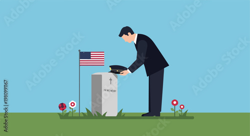 Man in a suit pays respect at a veteran's grave with flag and flowers outdoors