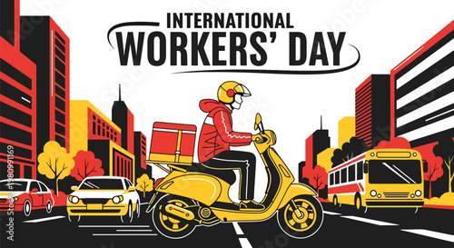 Flat style illustration of delivery worker riding scooter in urban street, celebrating Labor Day and International Workers Day for logistics, transportation, and service workers