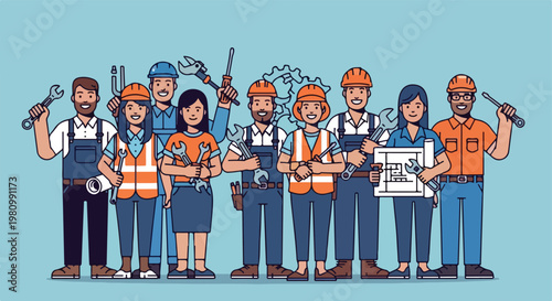 Diverse team of workers with tools, hard hats and blueprints in flat vector art